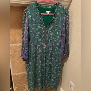 j.jill emerald green blue geometric floral midi dress paisley peasant boho M